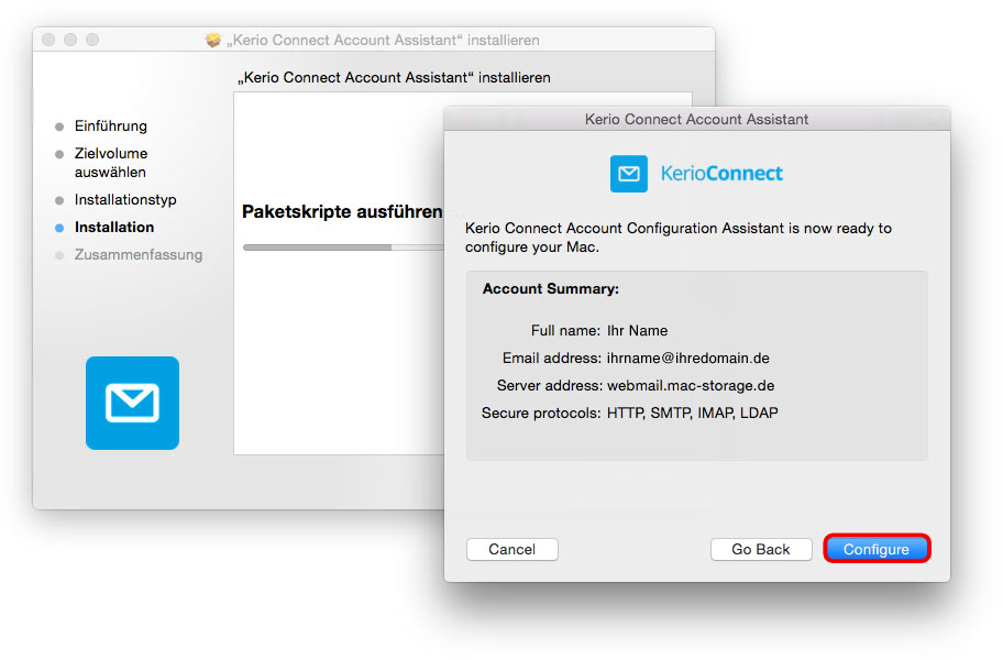 Erfolgreiche Kerio Exchange Postfach-Anmeldung an Mac-Storage Server 
